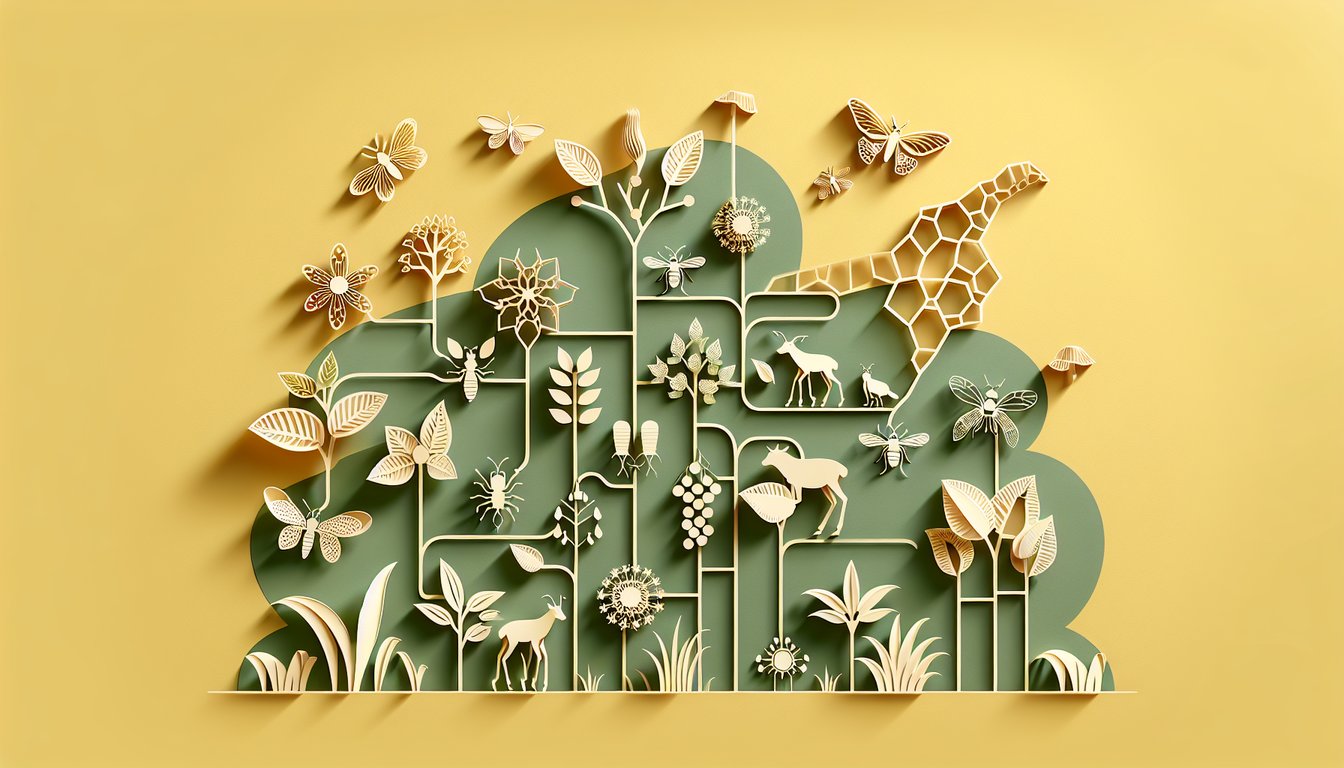 Paper art illustration for food web knowledge quiz on a golden yellow background