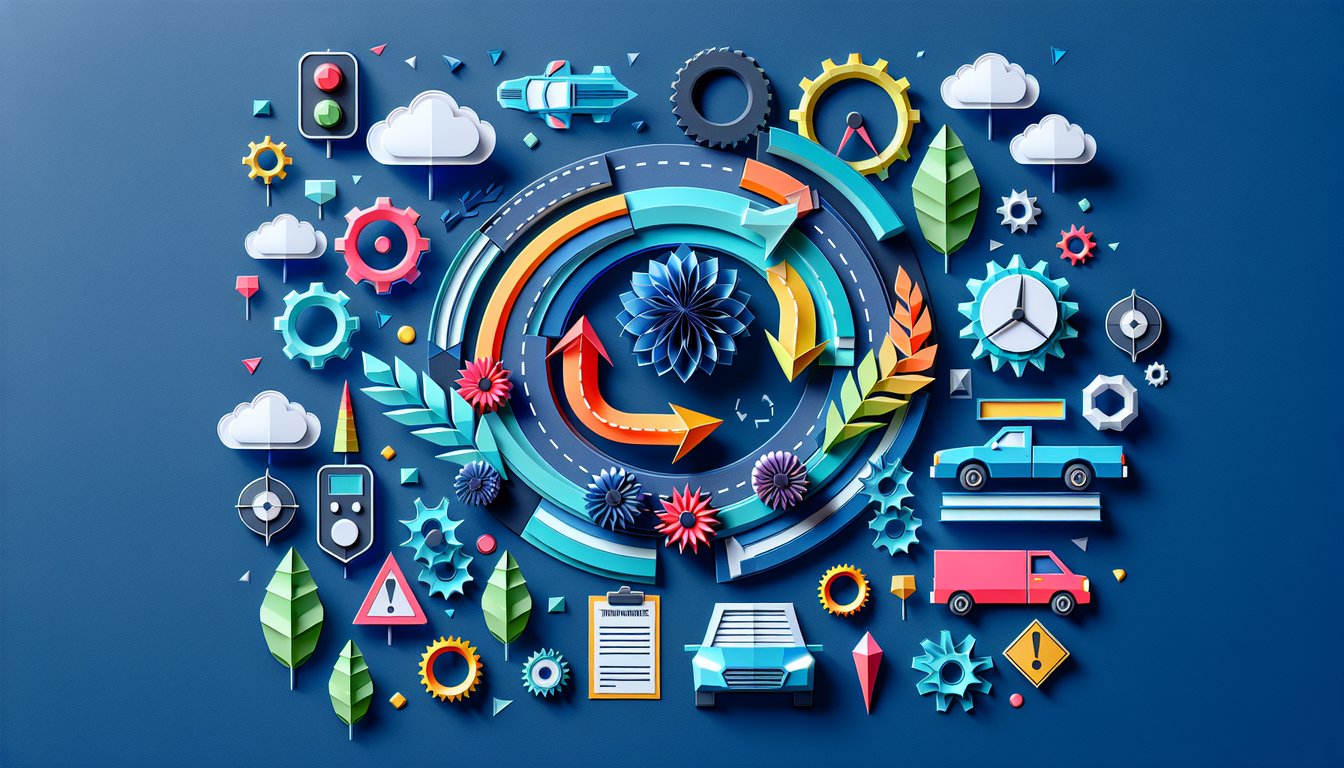 Colorful paper art depicting various driving maneuvers for a knowledge test quiz.