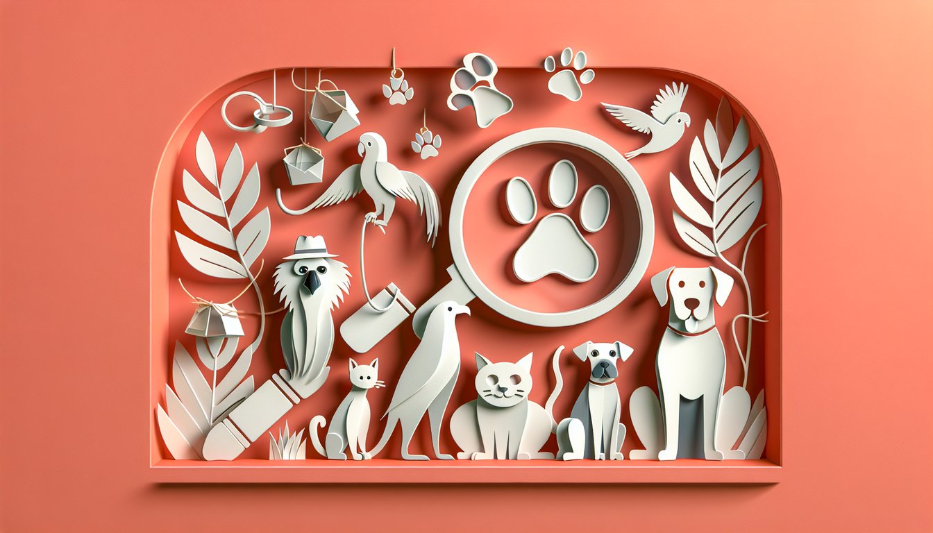 Paper art collage of pet detective quiz elements dog parrot badge question marks text blocks on coral background
