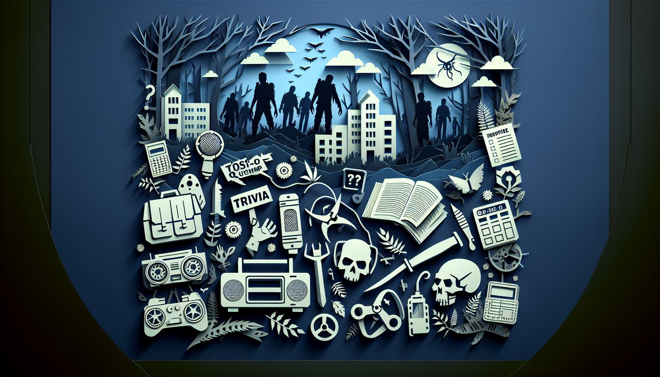 Paper art illustration for Walking Dead trivia quiz on a dark blue background