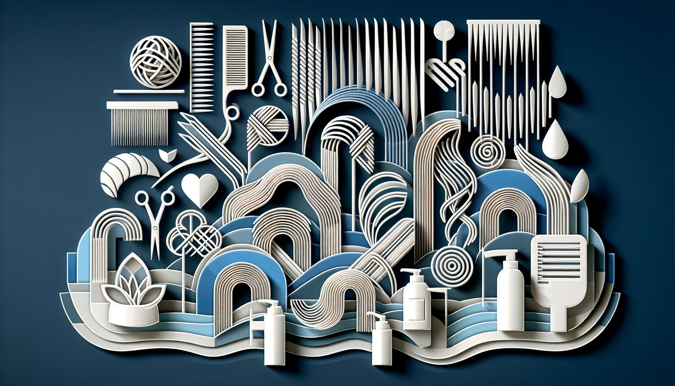 Paper art illustration of stylized hair strands scissors and comb on dark blue background for principles of hair design quiz