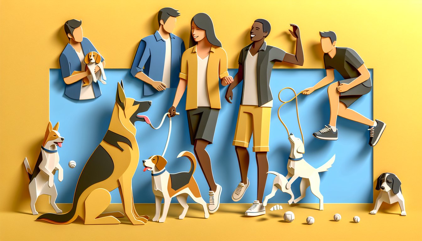 Paper art illustration for Alpha Quiz on golden yellow background, determining if your dog sees you as leader