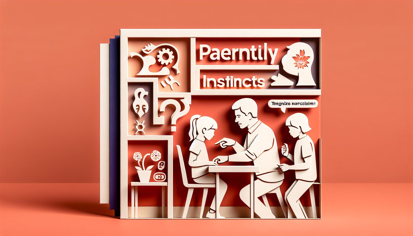 Paper art illustration with mother daughter silhouettes puzzle pieces question marks on coral background