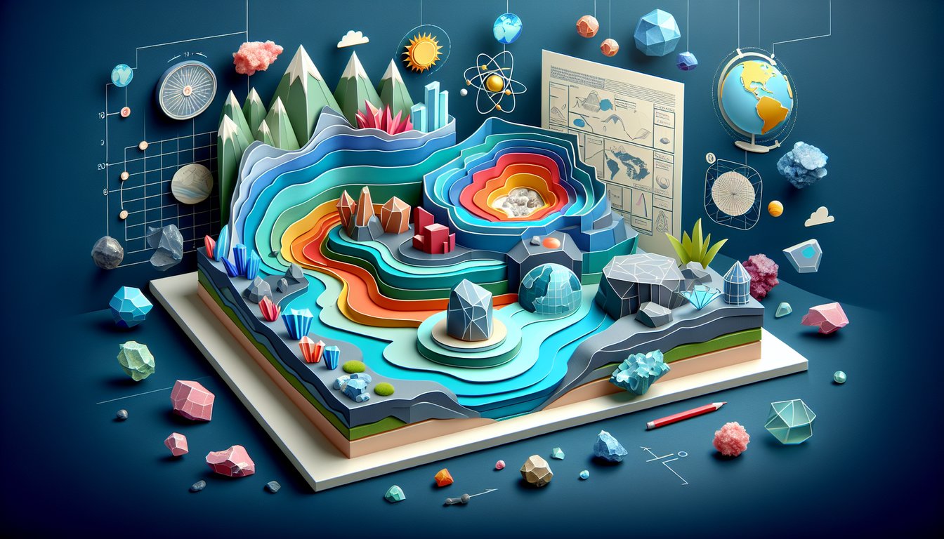 Paper art geology quiz illustration showing minerals fossils rock layers and tectonic plate icons on dark blue background
