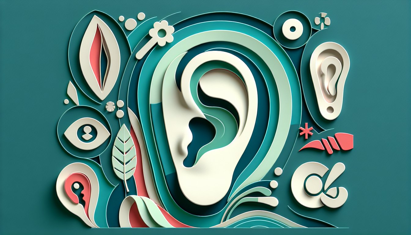 Paper art illustration for ear infection quiz with symptom checks and warning signs on teal background