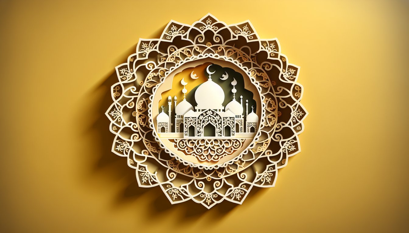 Paper art style mosque crescent star Quran and geometric motifs on golden yellow background for Islamic quiz