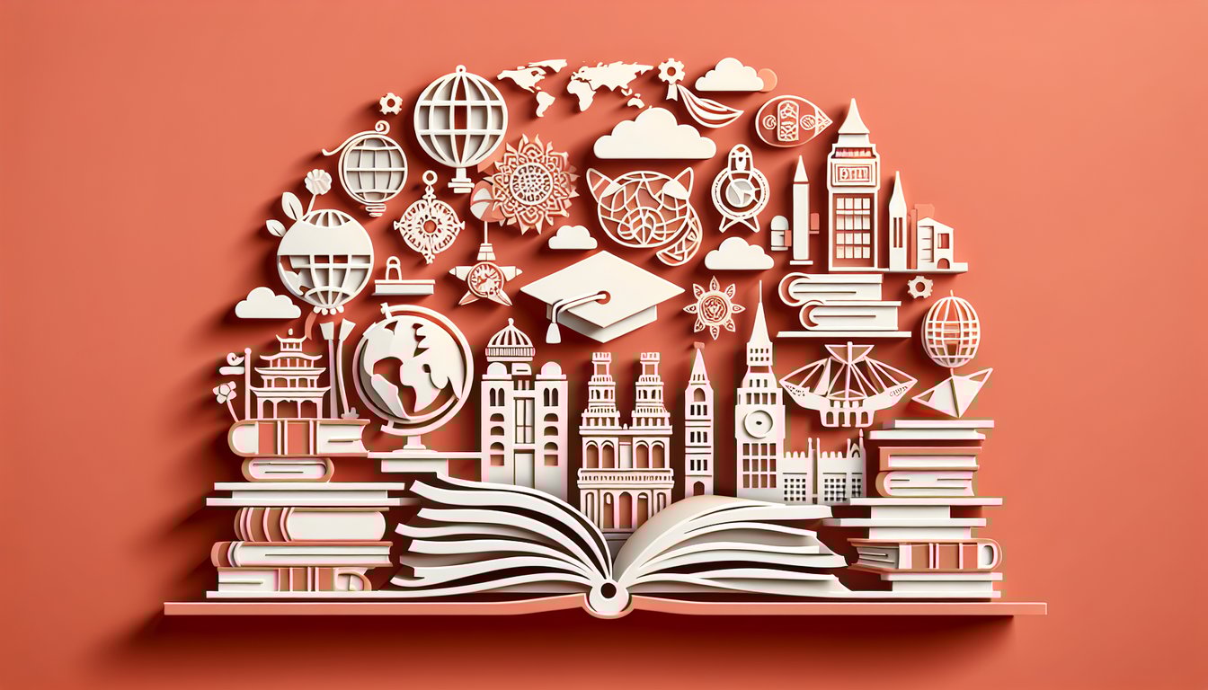 Paper art scene with landmarks and passport on coral background representing quiz to find ideal study abroad country