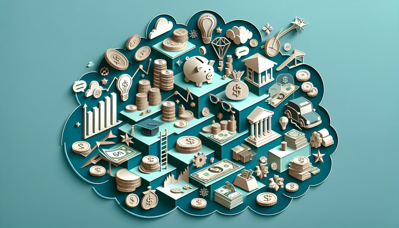 Paper art illustration for Am I Rich Quiz on wealth potential and financial mindset on teal background