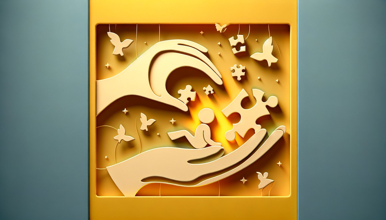 Paper cut illustration of five year old child holding puzzle pieces and question mark icon on golden yellow background