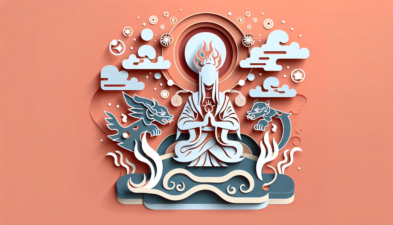 Paper art illustration for quiz about free Tomoe familiar, fox spirit guardian design on coral background.