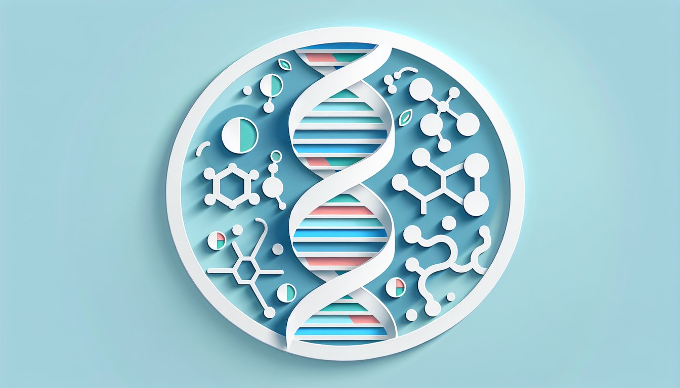 Paper art illustration of DNA helix and five carbon sugar on sky blue background for shape and replication quiz