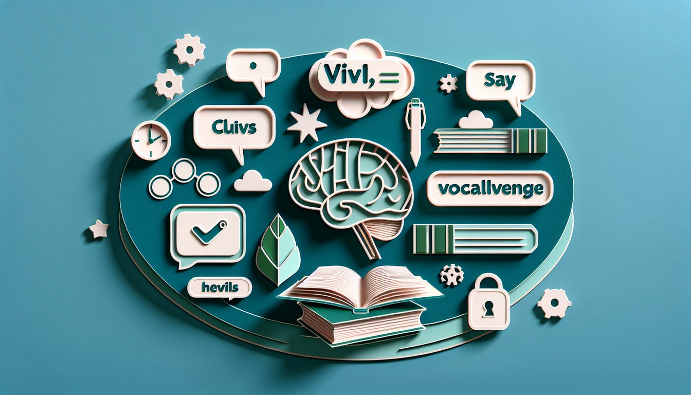 Paper art illustration with paper speech bubbles over teal background for vivid verb quiz matching definitions
