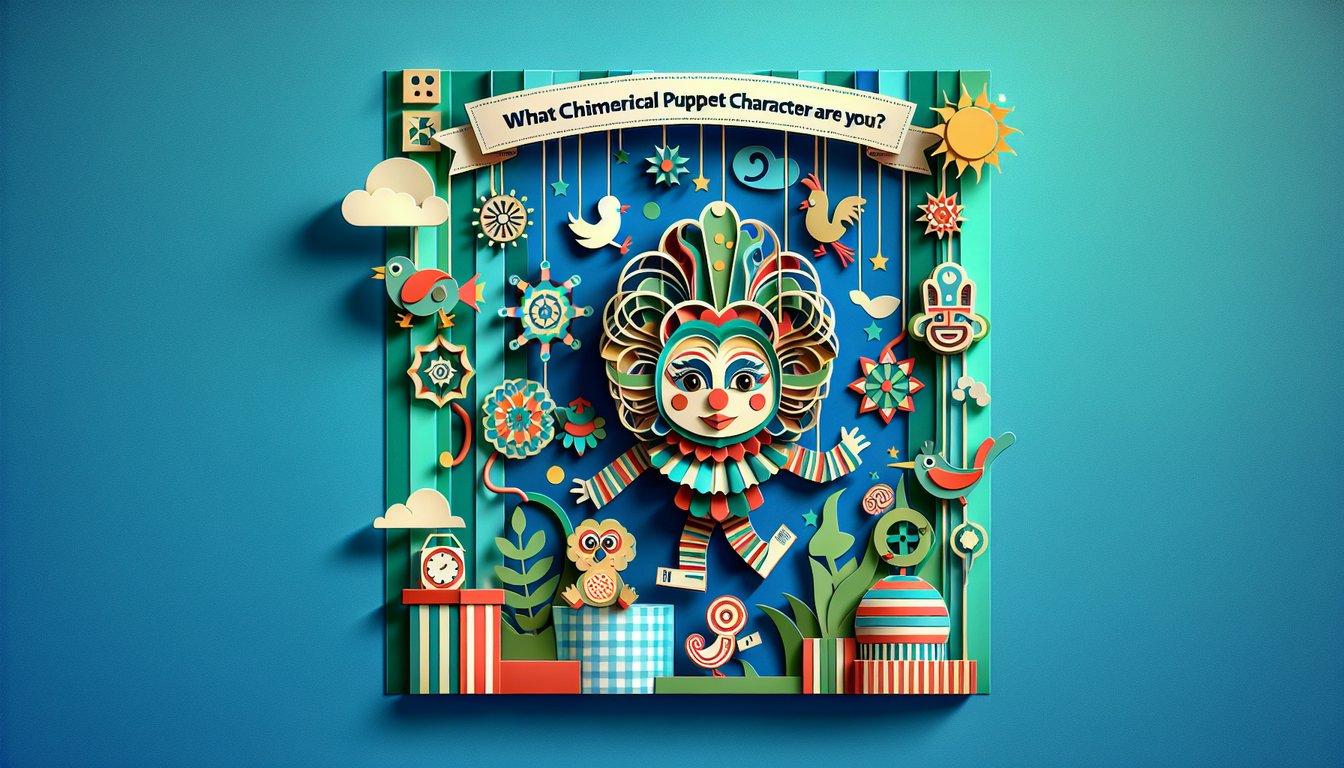 Paper art illustration of Muppet silhouettes and What Muppet Character Are You quiz title on teal background.