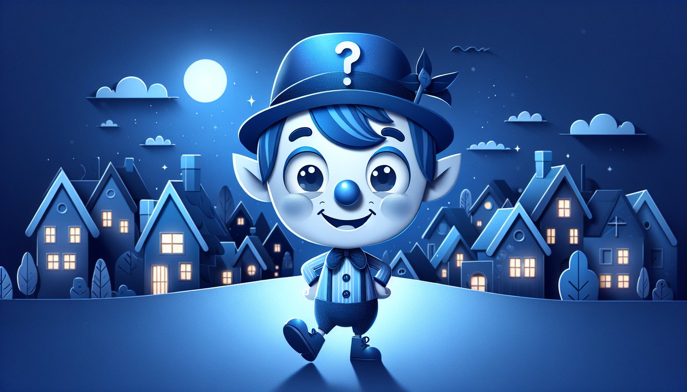 Paper cut Jokey Smurf holding prank gift box and quiz title text on dark blue background