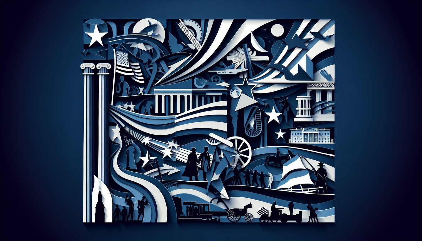 Paper art collage of US landmarks and icons like Statue of Liberty Washington Lincoln US flag on dark blue background