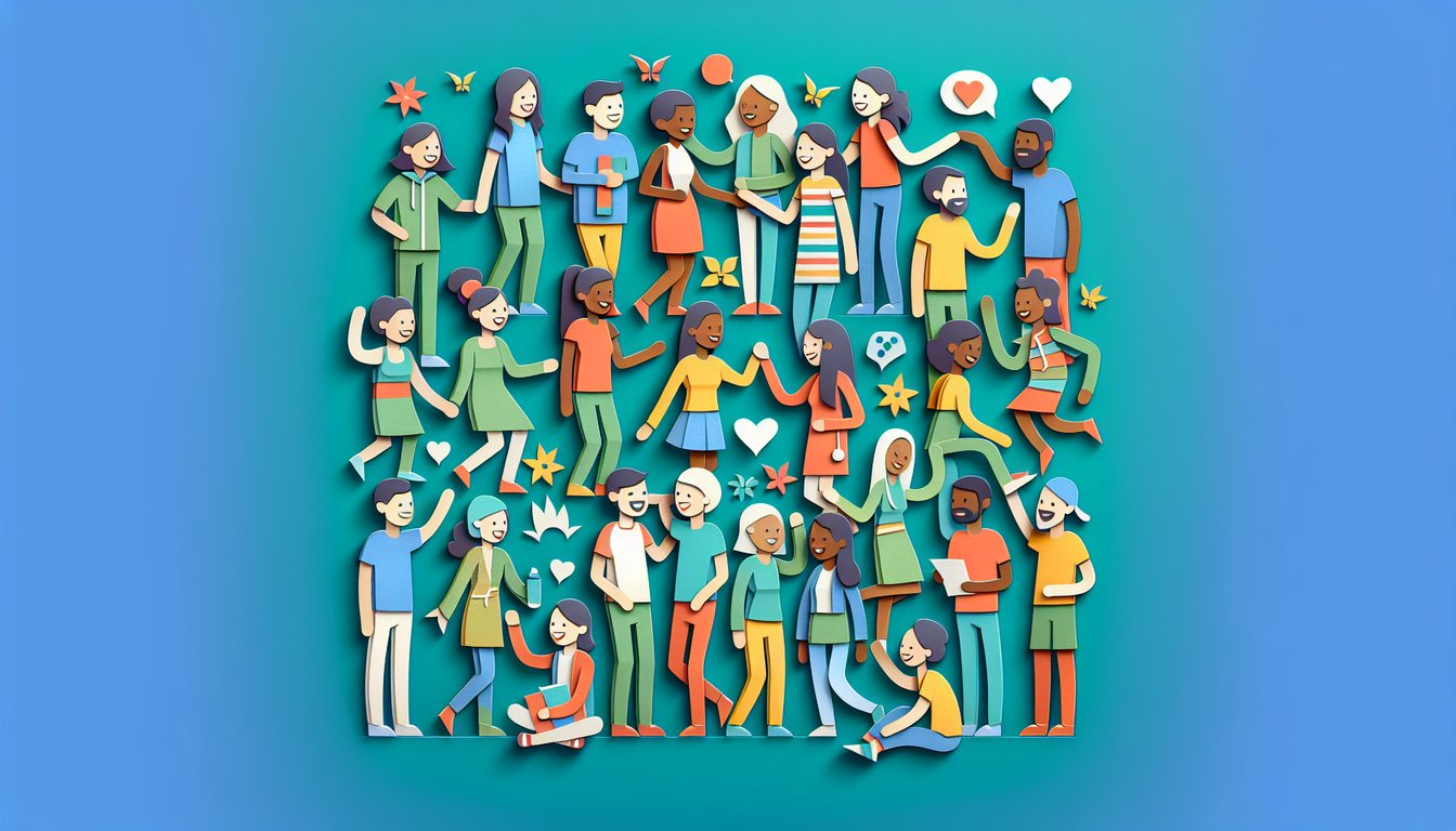 Paper art illustration of friends gathered around a quiz prompt on teal background