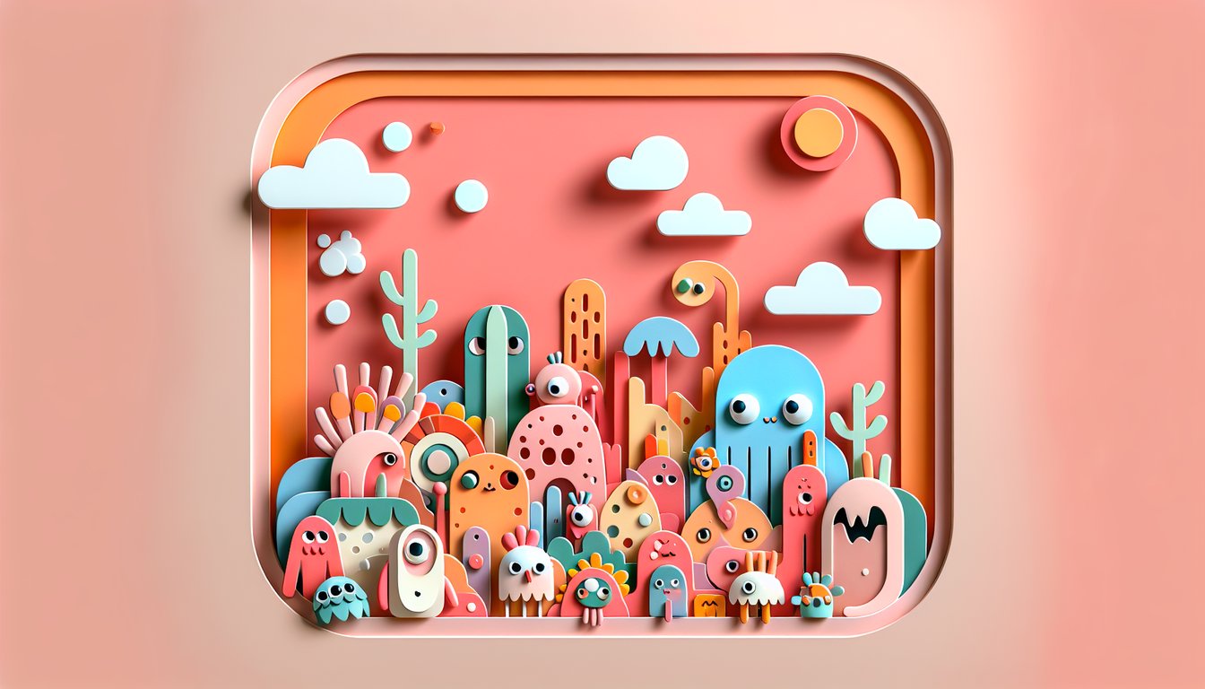 Paper art quiz banner featuring cutout cartoon cat and fish characters on coral background.
