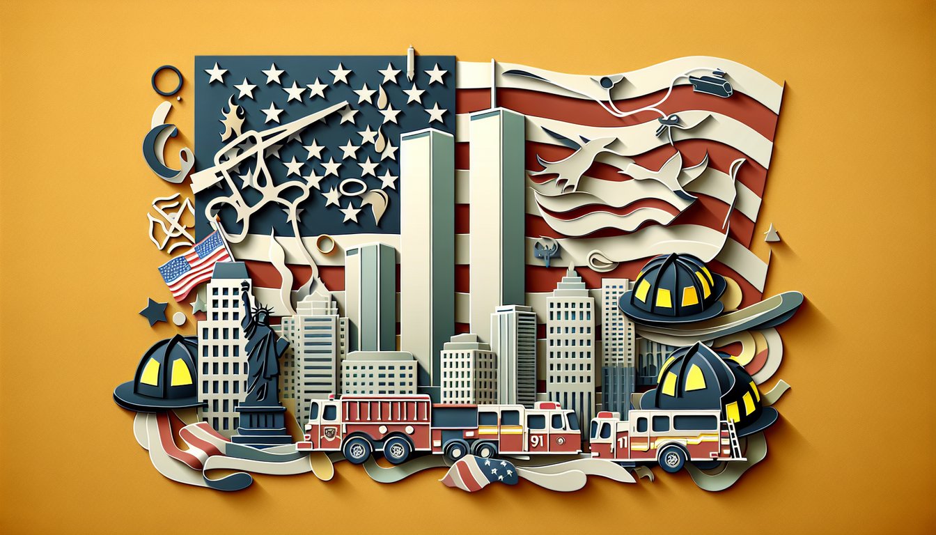 Paper art quiz for September 11 Patriot Day trivia with layered paper flag motifs on golden yellow background