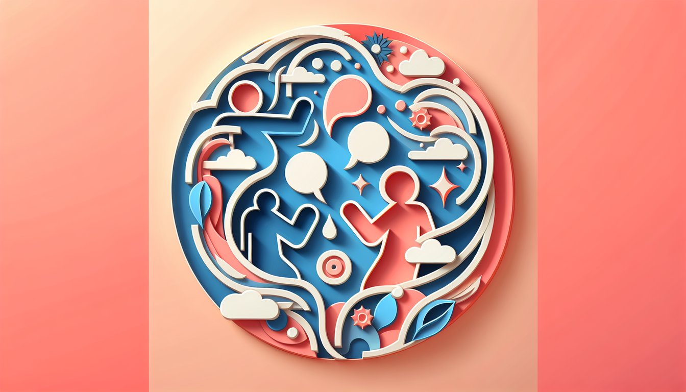 Paper art illustration for Ethos Pathos Logos Quiz on a coral background
