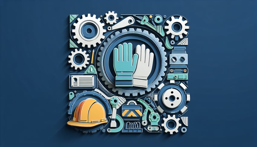 Paper art illustration showing safety gloves and machinery icons on dark blue background for operating machinery safety quiz