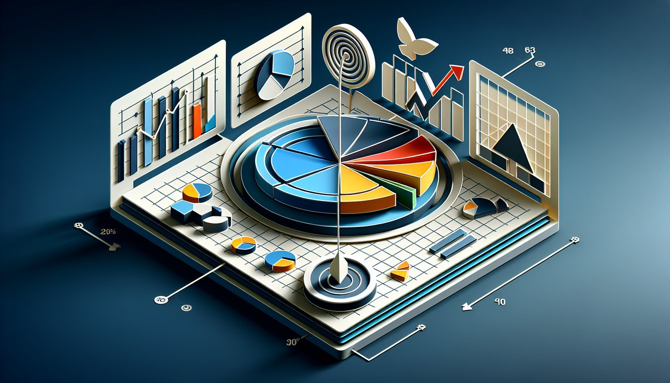 Paper art with pie chart arrows and target on dark blue background for marketing segmentation targeting positioning quiz
