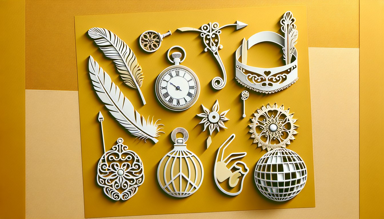 Paper art illustration of vintage icons and modern shapes on golden yellow background for what era am I quiz
