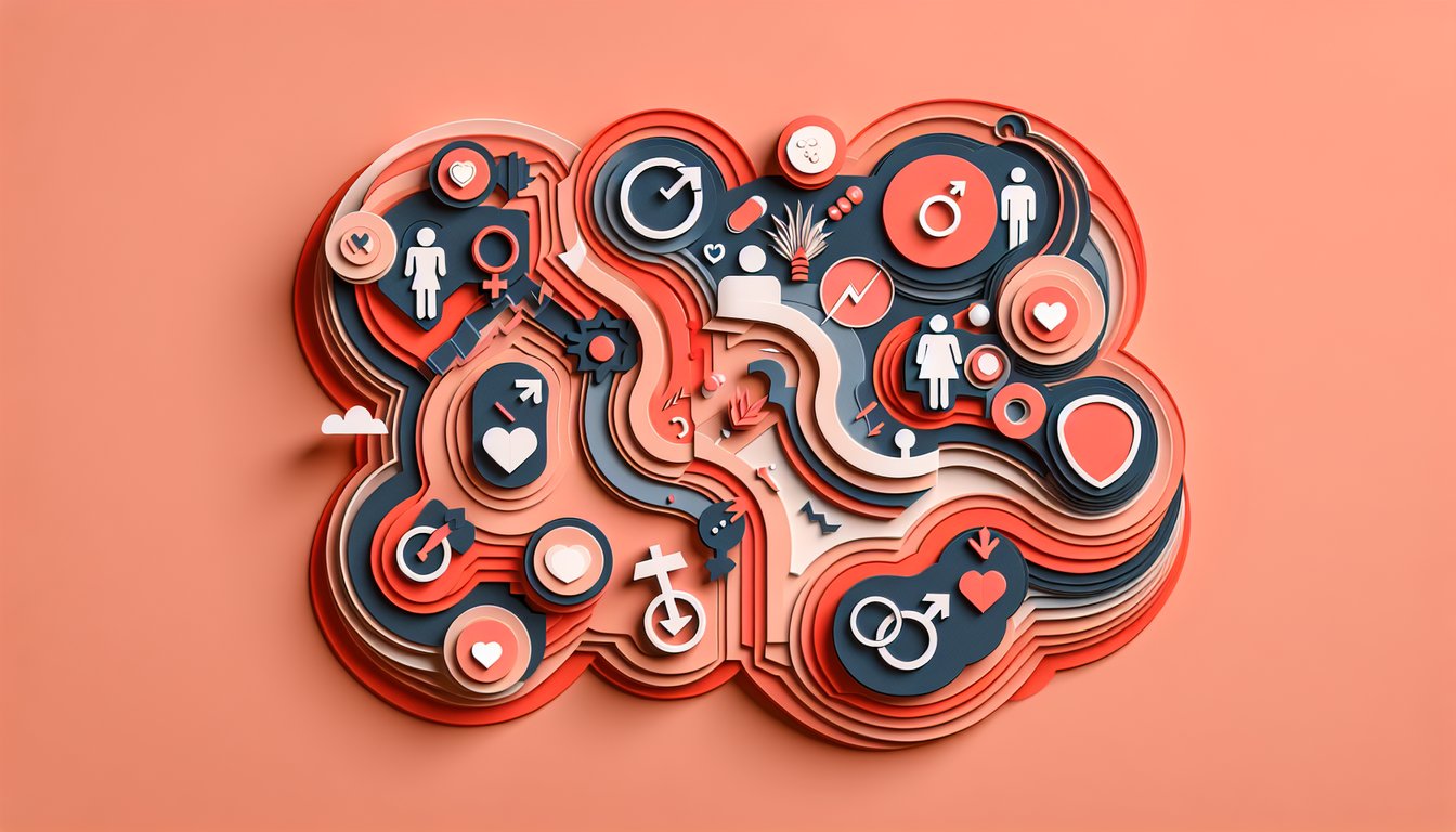 Paper art illustration for feminine energy quiz on a coral background