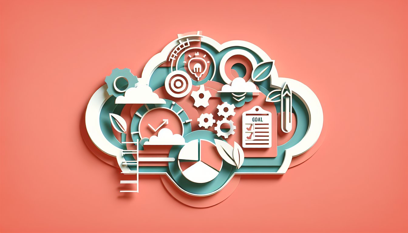 Paper art illustration for SMART goal quiz with target arrow checklist and timer icons on coral background.