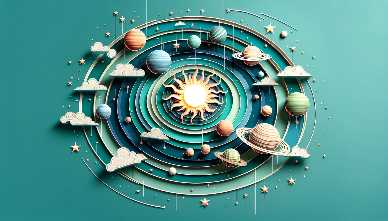 Paper art planets stars and rockets orbiting on teal backdrop around bold quiz title for solar system trivia challenge