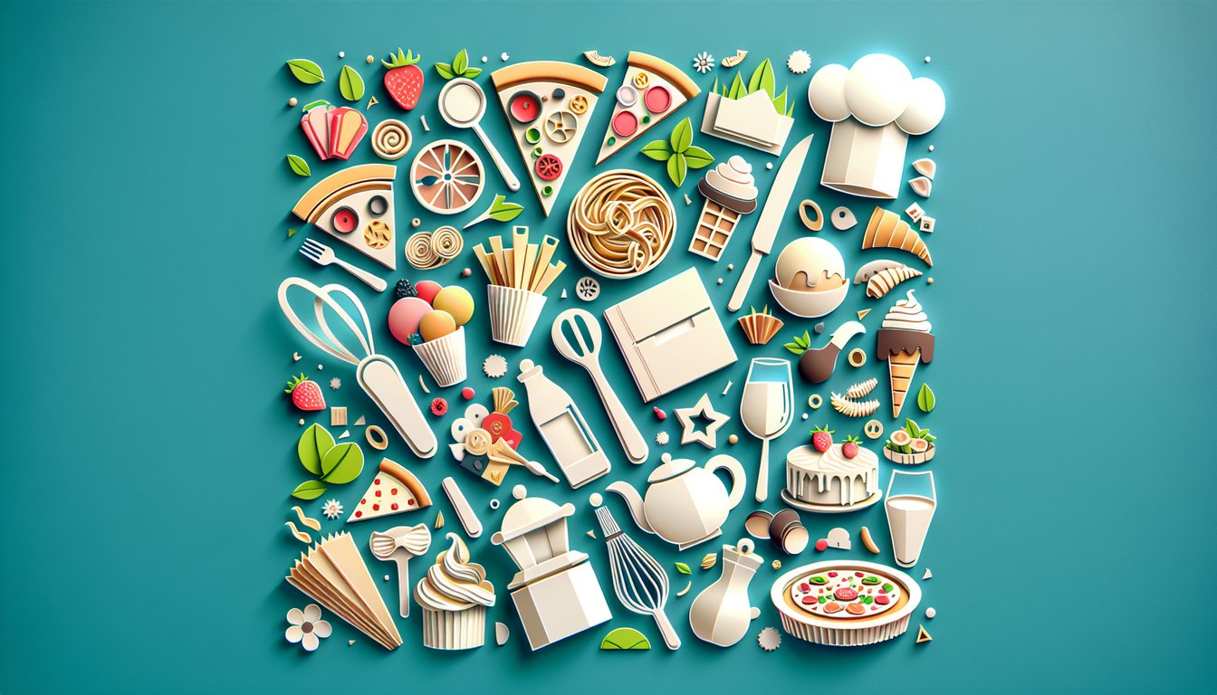 Paper art illustration of Italian dishes pasta pizza gelato olive oil herbs and quiz text on teal background