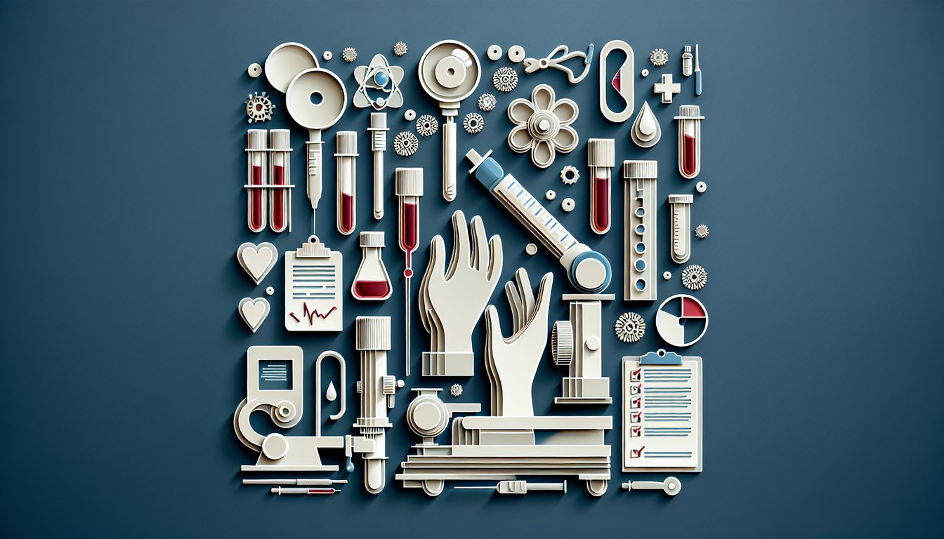 Paper art illustration of a clipboard blood drop syringe and exam sheet on dark blue background for phlebotomy quiz