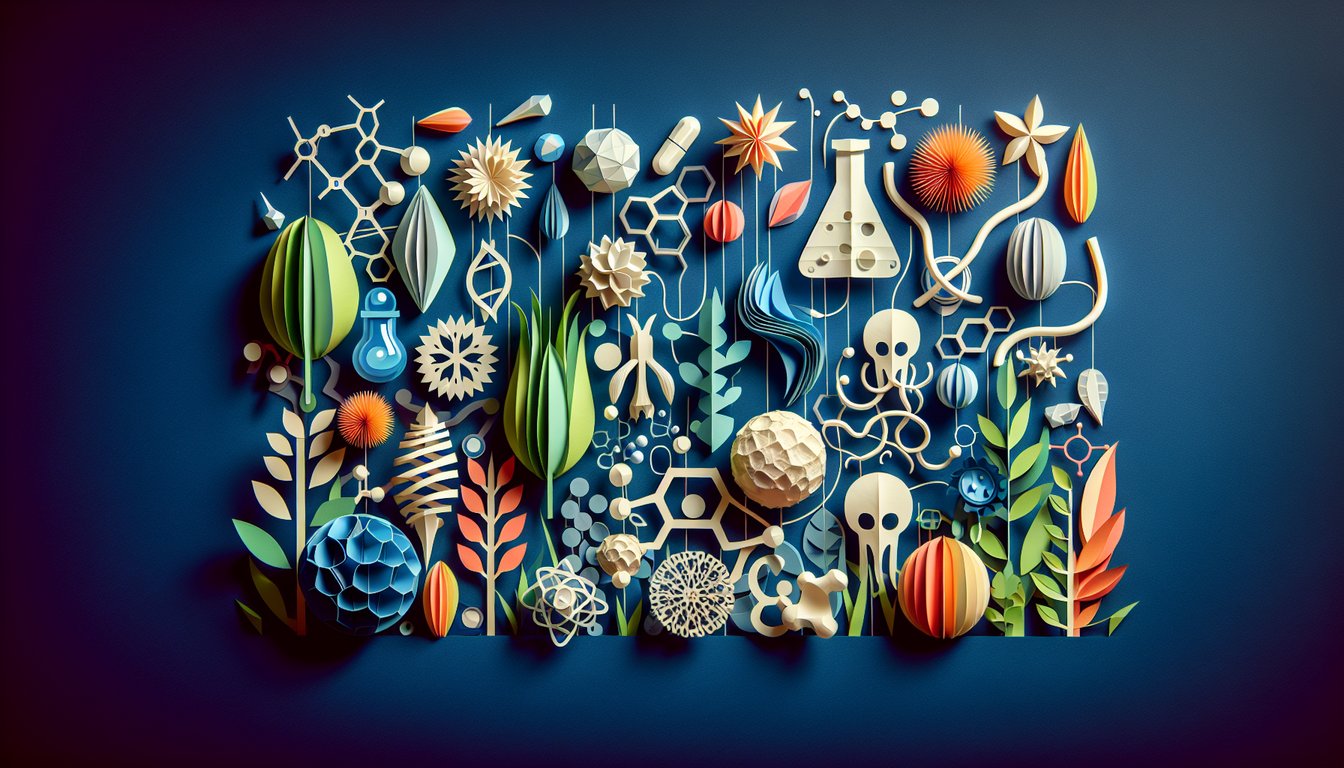 Colorful paper art depicting elements related to Biomaterials Knowledge Quiz.