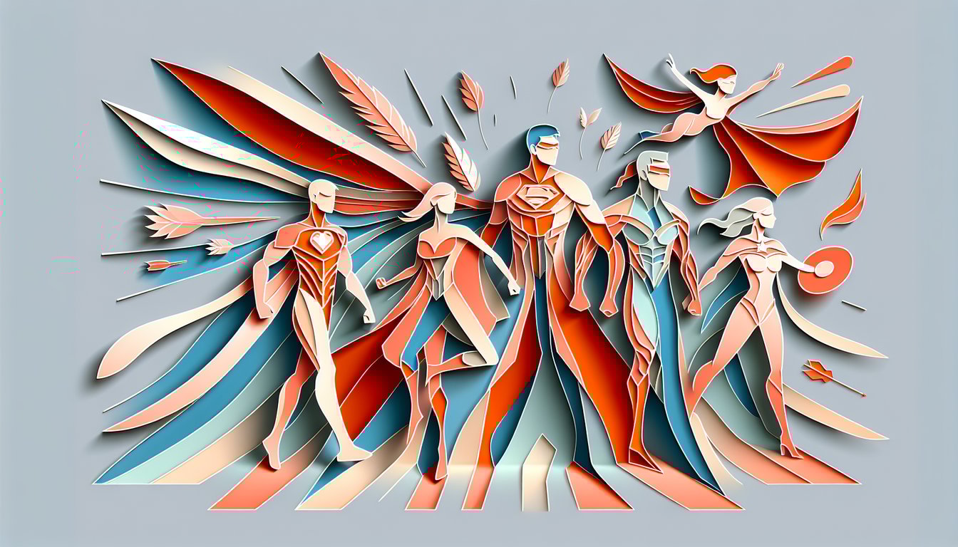 Paper art illustration featuring Teen Titans hero silhouettes on coral background for quiz reveal your alter ego