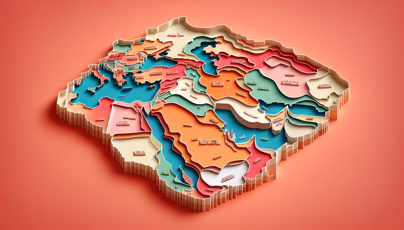 Paper art map of Middle East and North Africa on coral background with quiz text inviting players to test country knowledge