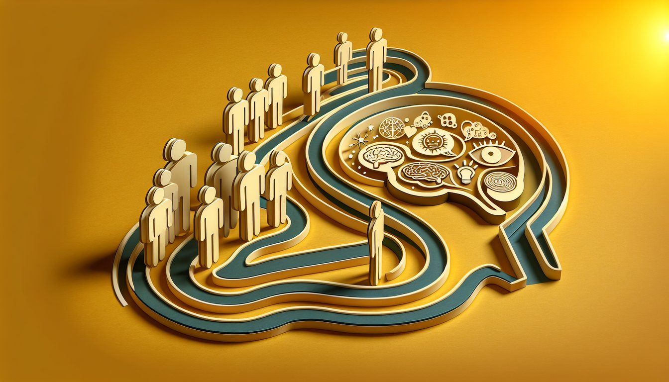 Paper art illustration of a person pondering question marks and speech bubbles on golden yellow background.