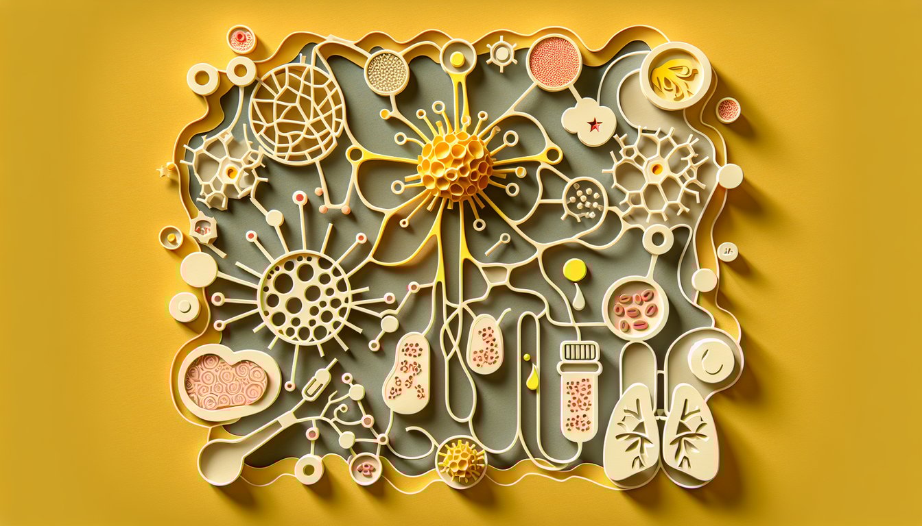 Paper art style golden yellow quiz showing lymphatic vessels, nodes, white blood cells and interstitial fluid droplets