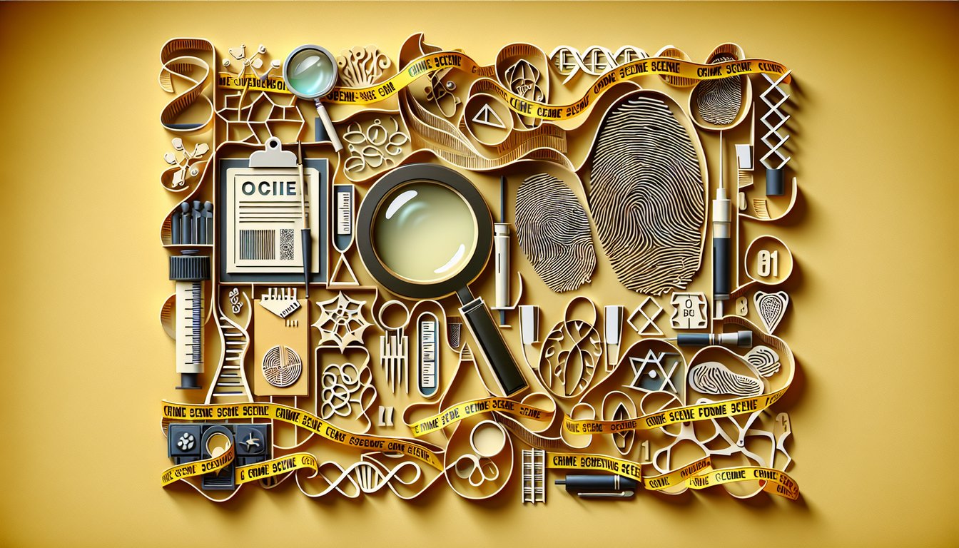 Paper art illustration of forensic tools and magnifying glass for a CSI quiz on a golden yellow background