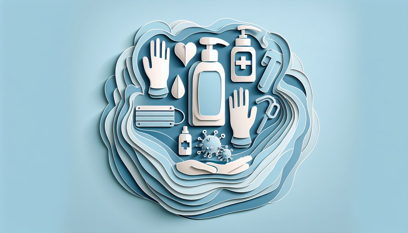 Paper art illustration for a germaphobe quiz promoting healthy habits and hygiene knowledge on a sky blue background