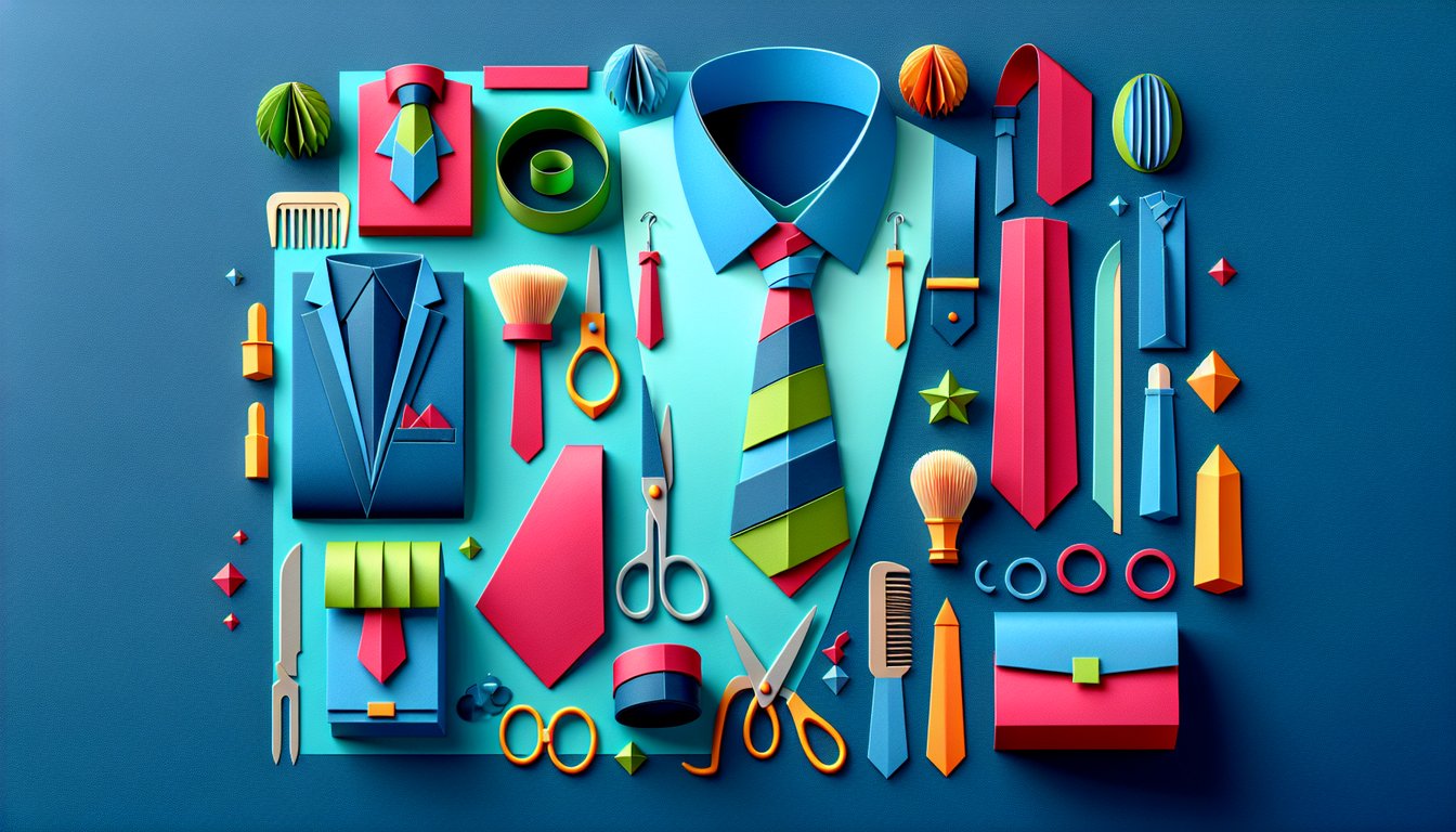 Colorful paper art illustrating a business attire and grooming quiz theme