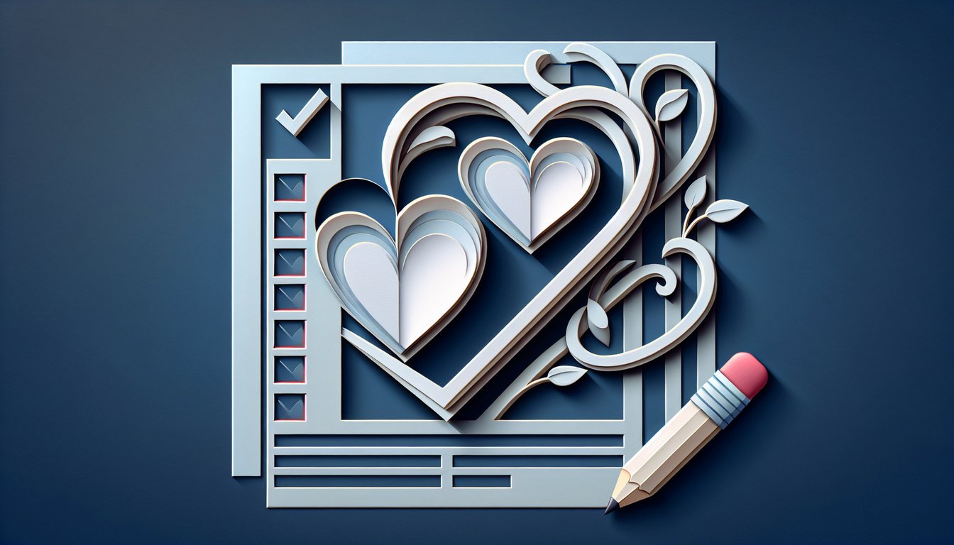 paper art heart shapes checklist form and pencil on dark blue background for girlfriend applications quiz