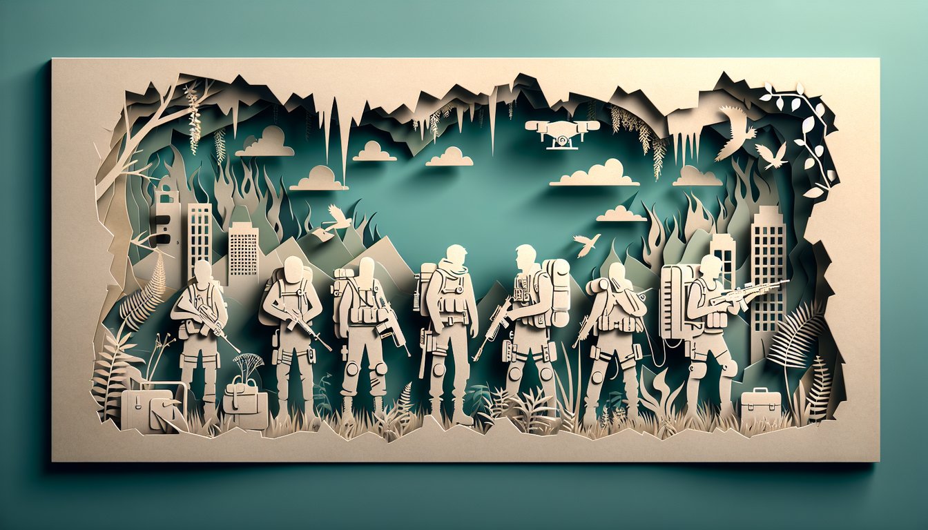 Paper art illustration of apocalyptic survivors on teal background for 28 Days Later personality quiz