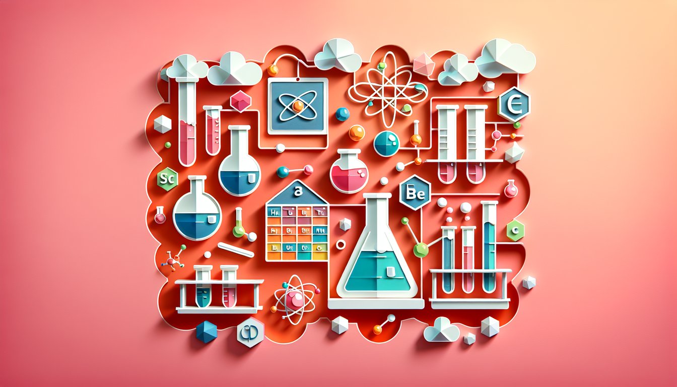 paper art chemistry quiz with beakers flasks test tubes colored liquids and bubbles on coral background
