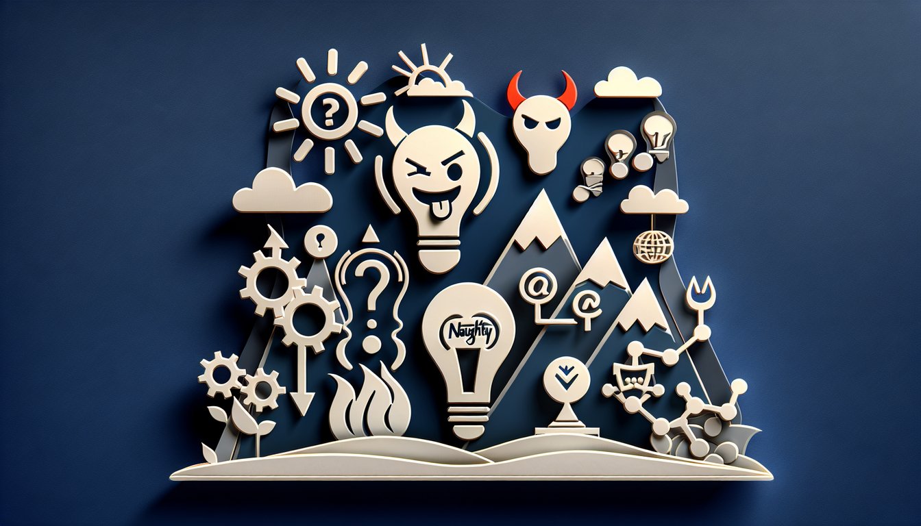 Paper art style quiz title am i naughty with playful character holding question mark cards on dark blue background