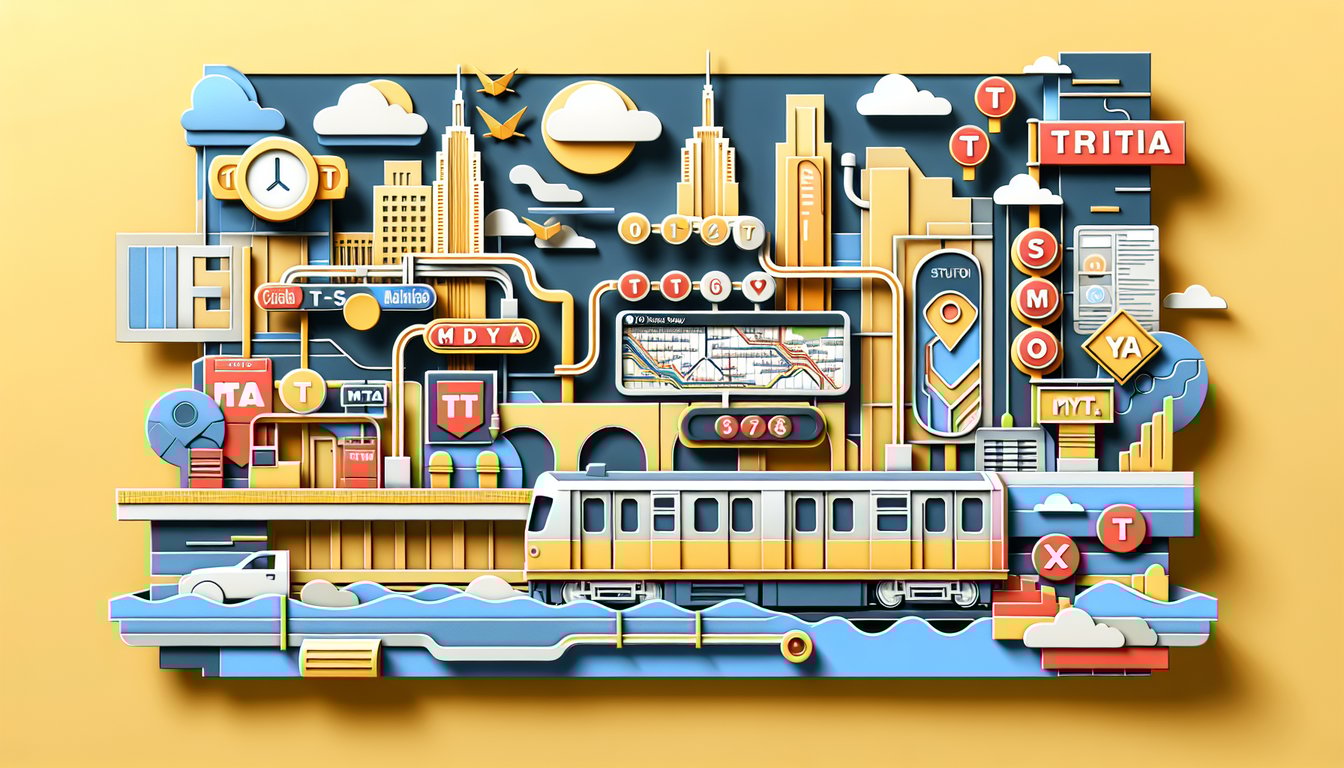Paper art illustration for NYC subway quiz on golden yellow background