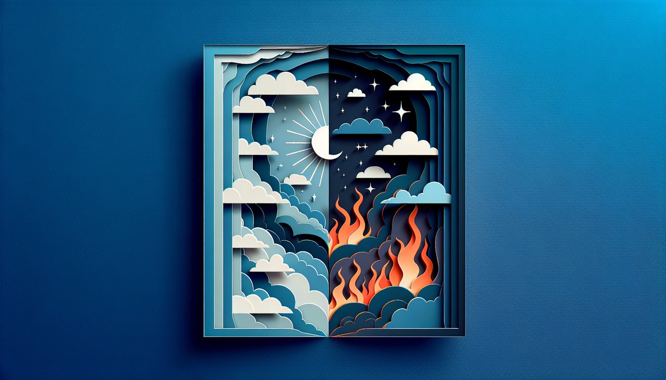 Paper art quiz illustration showing heaven and hell cutouts with angel and devil details on dark blue background