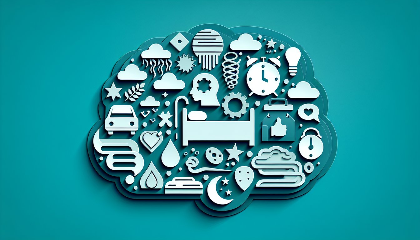 Paper art illustration of bed, moon, and thought bubble on teal background for sleep disorder quiz