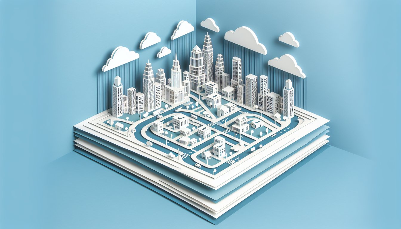 paper cutout cityscape with layered building shapes and city model diagrams on sky blue background for quiz