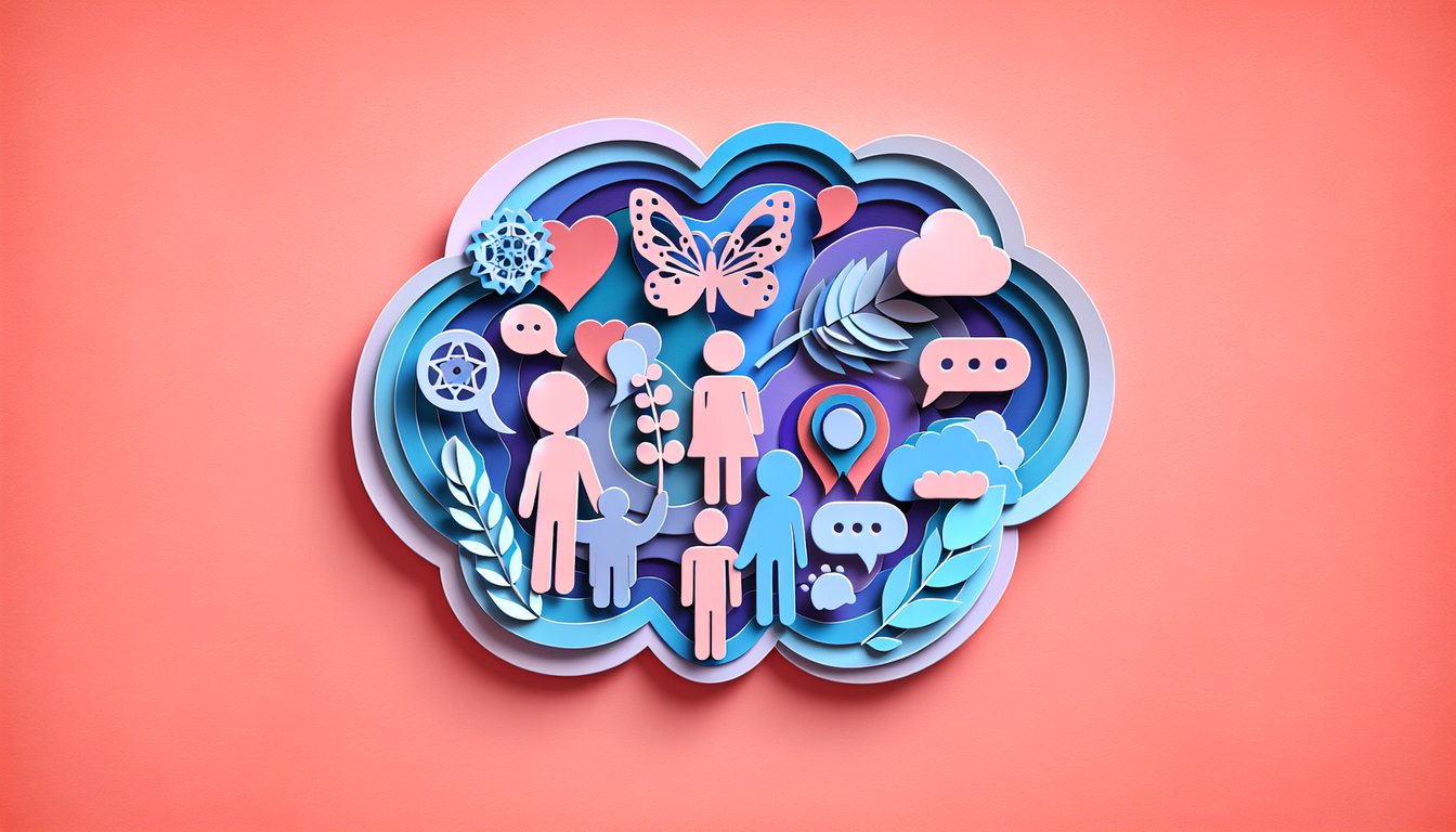 Paper art illustration with stylized brain and heart linked by dashed line on coral background for schizophrenia quiz