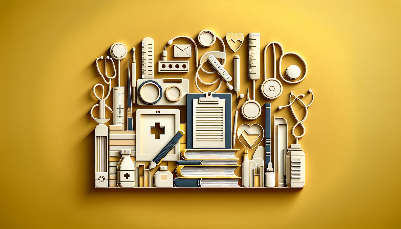 Paper art illustration of medical abbreviation quiz flashcards and icons on golden yellow background pages 3 and 4