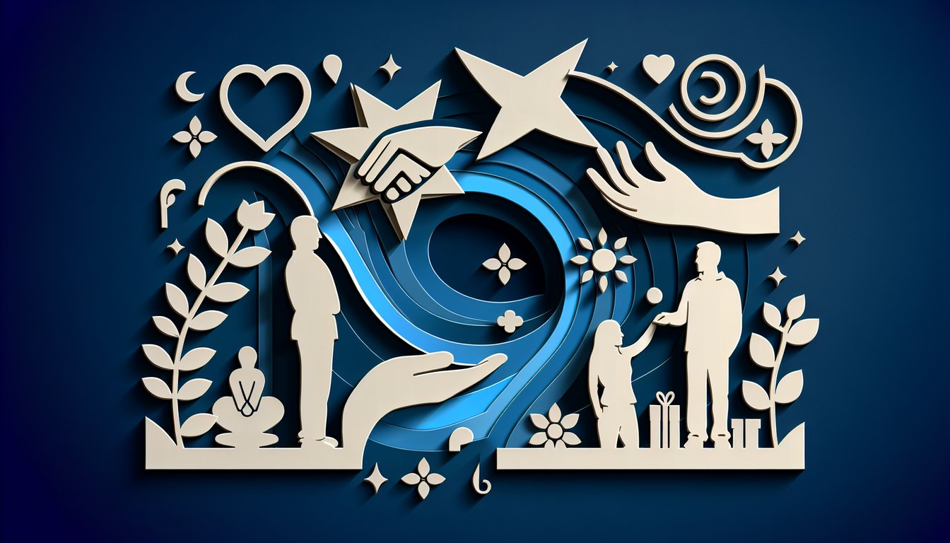 Paper art illustration for a free niceness level quiz on a dark blue background.